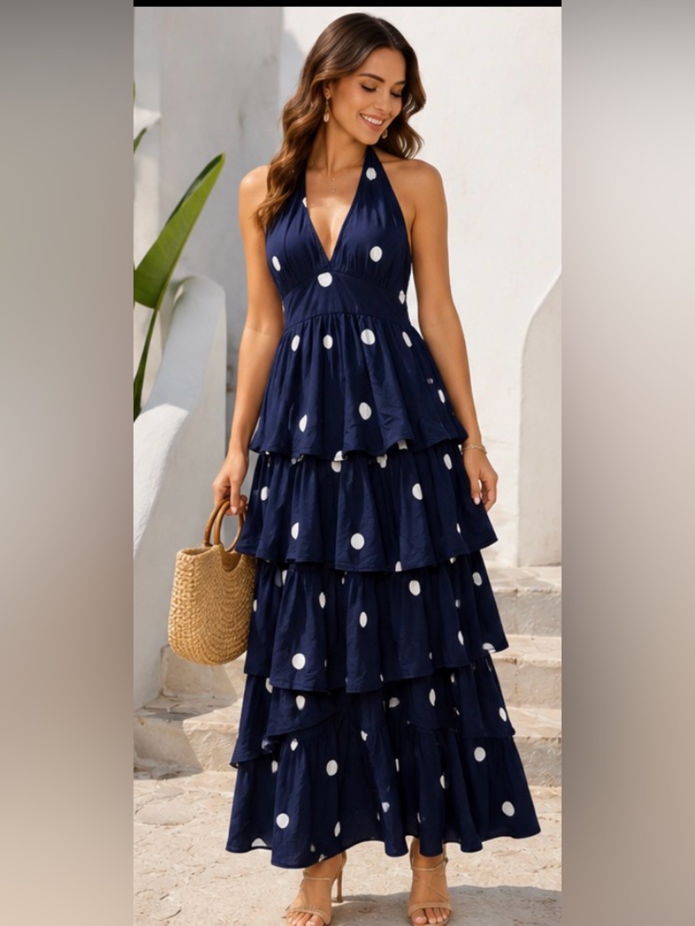 ENTRO NWT Navy Polka Dot Halter Tiered Ruffle Maxi Dress Small